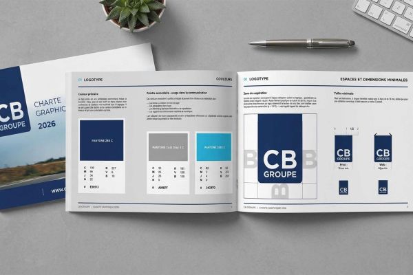Brochure ouverte de CB Group avec guide d’identité visuelle et maquettes de logo sur un bureau gris.